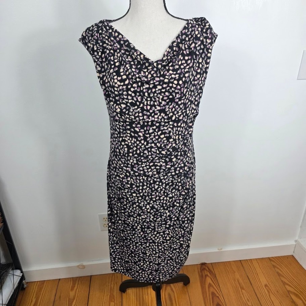 Lauren Ralph Lauren Dress Womans Sz 12 Purple Abstract Animal Print Ruched
